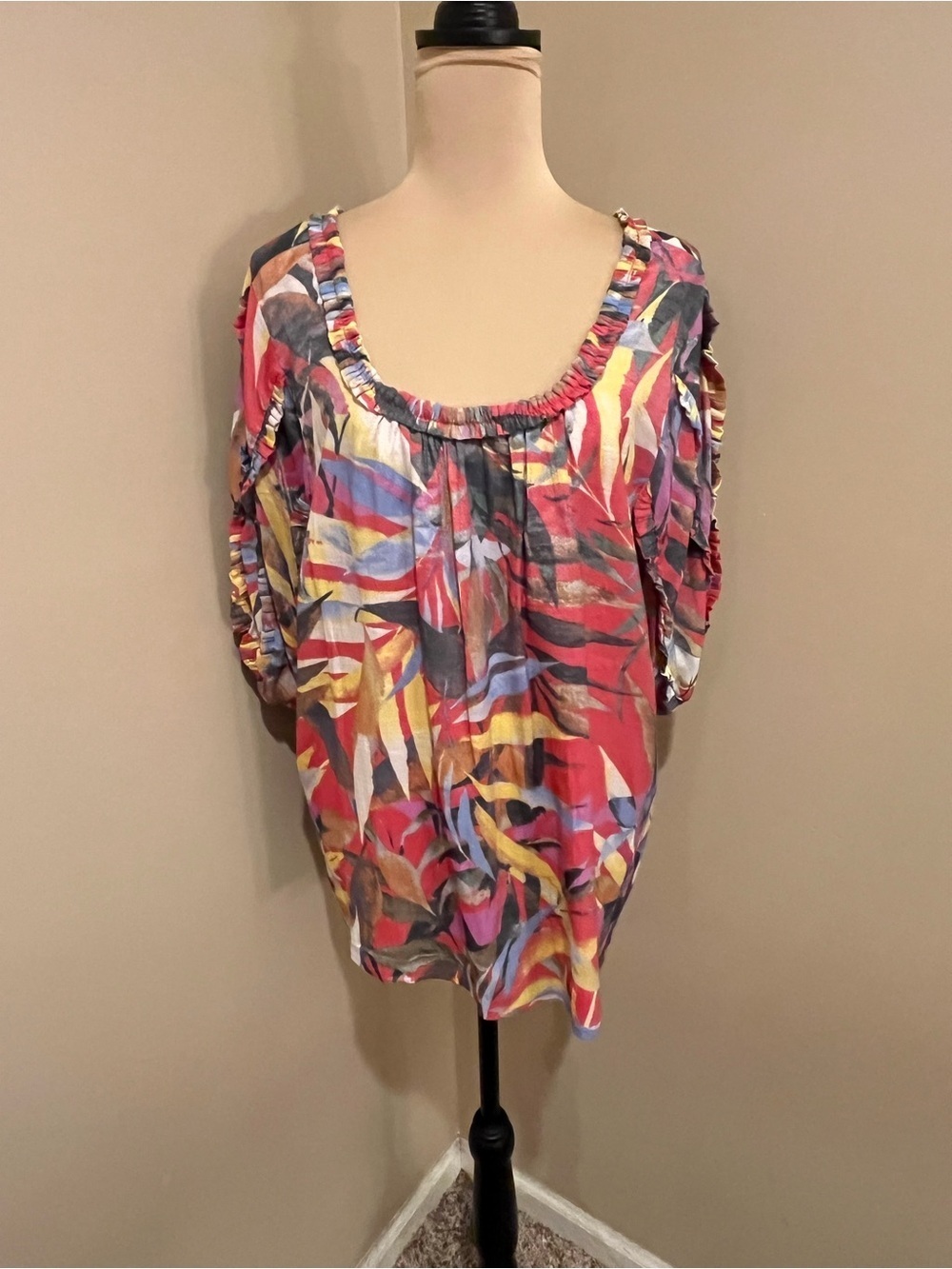 Zac & Rachel Multicolor Scoop-Neck Printed Tunic, ruffle sleeves & neckline, XL